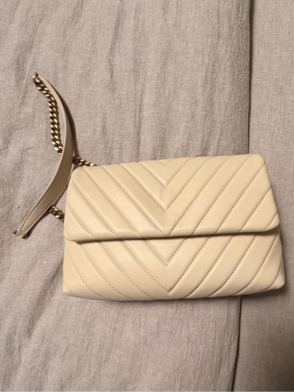 Quince Cream Quilted Chevron Crossbody with Gold Chain